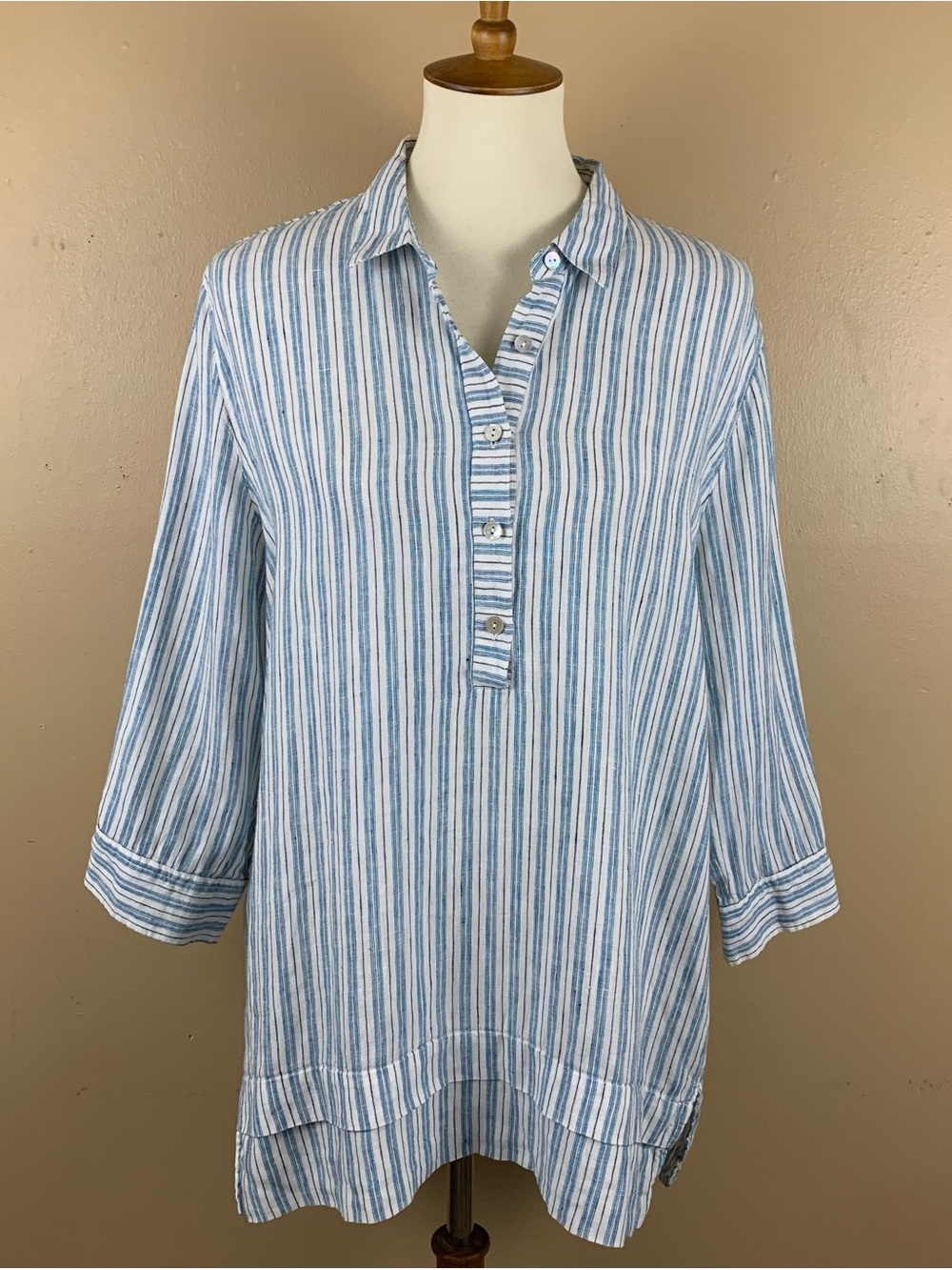 J Jill Linen Shirt Womens Large Blue White Stripe Tunic Popover Coastal Resort